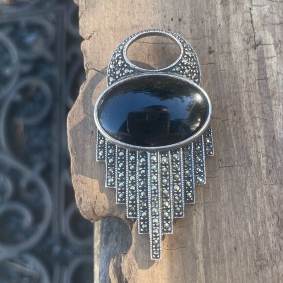 Vintage Art Deco Marcasite Sterling Silver Onyx Brooch Pin Signed - Picture 1 of 14